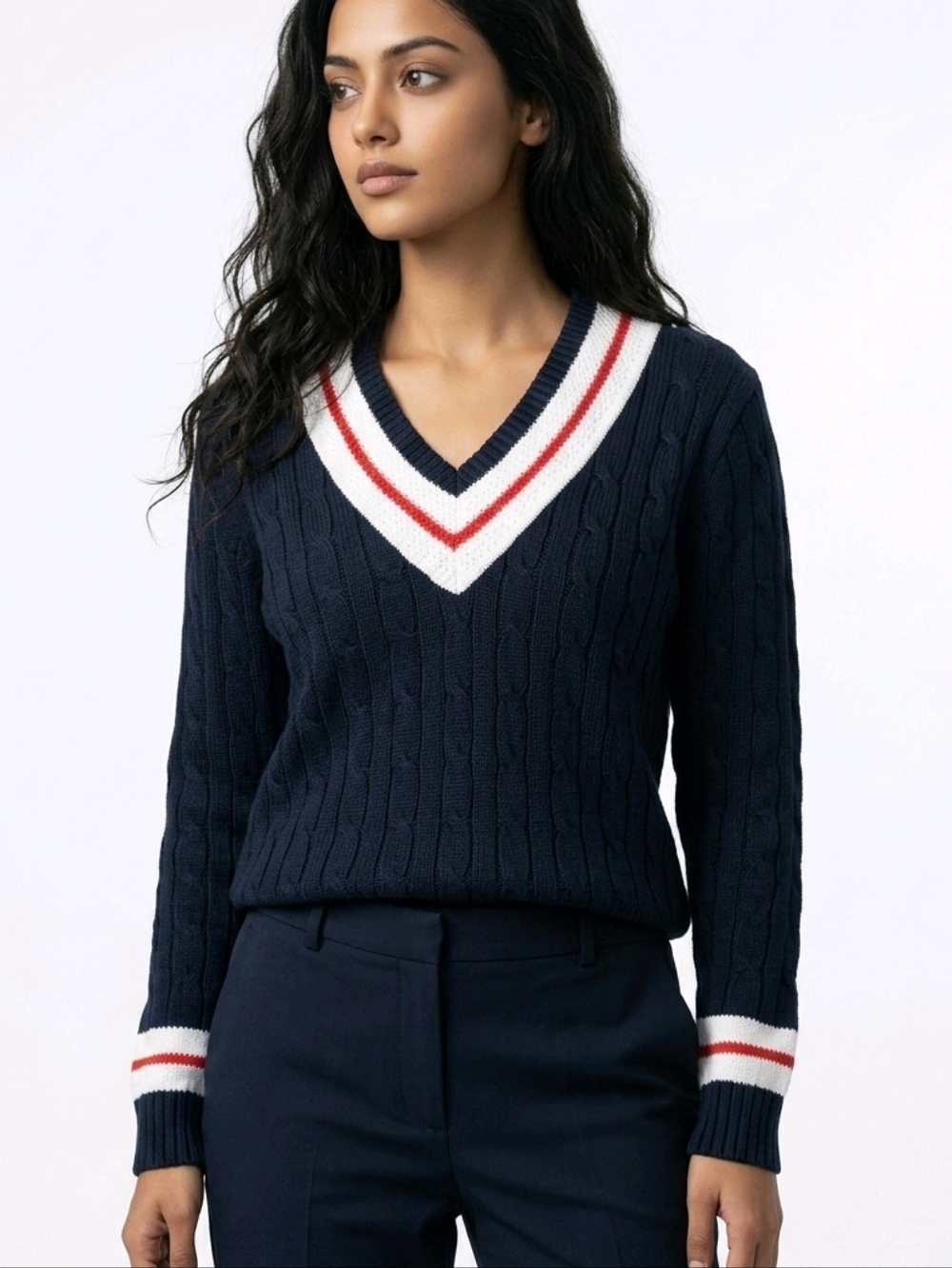 Vtg Lord & Taylor Navy Blue V-Neck Sweater with Red White Accents Large